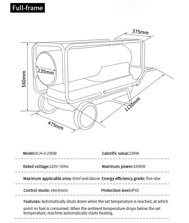 XLH-0-25KW fuel-powered warm air heater Size chart