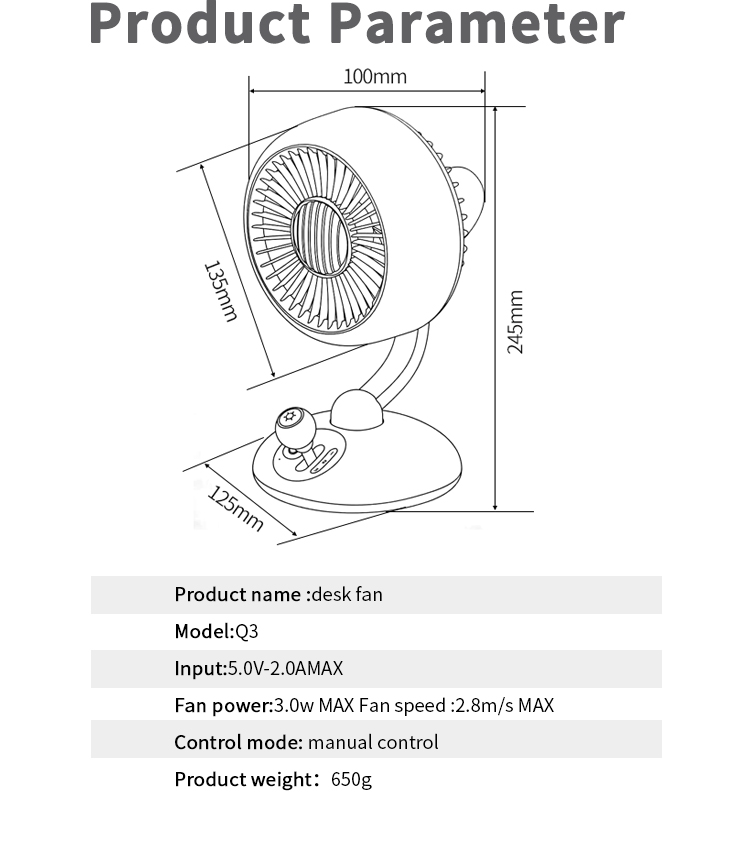 Q3 desk fan Size chart