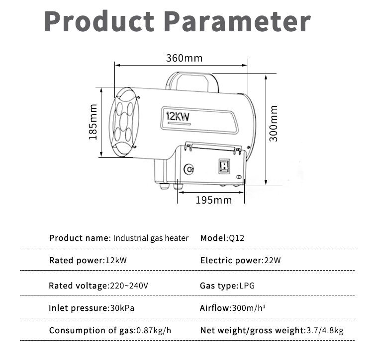 Q12 Industrial gas heater Size chart