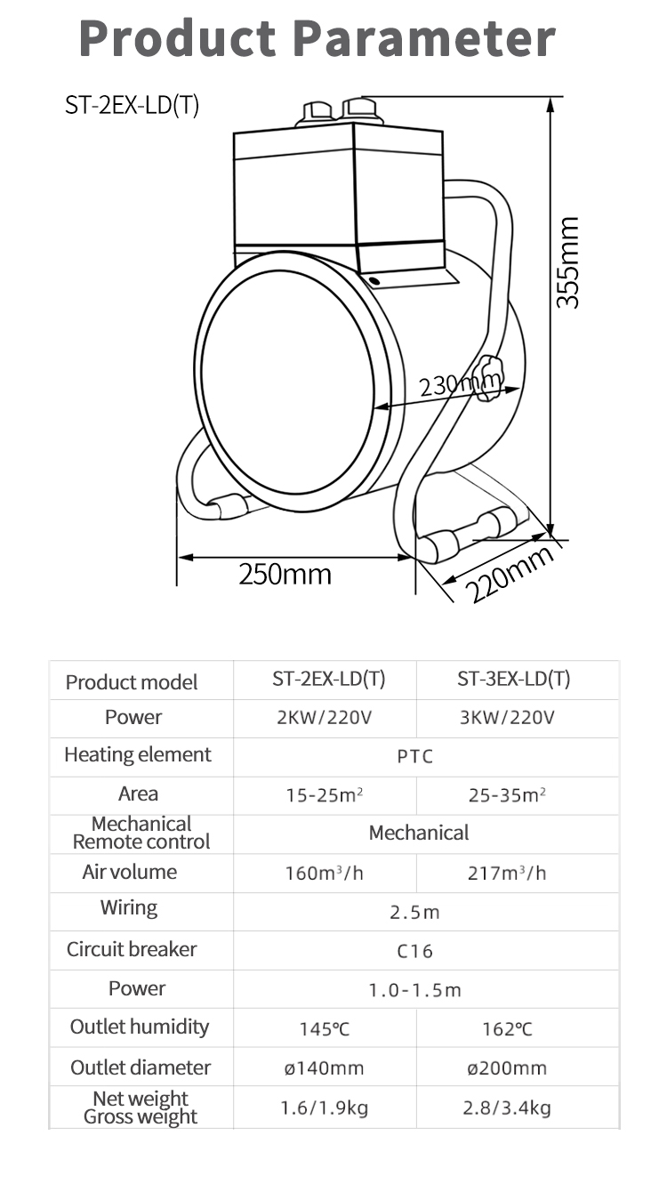 ST-2EX-LD (T) Explosion proof Warm Air Heater Size chart