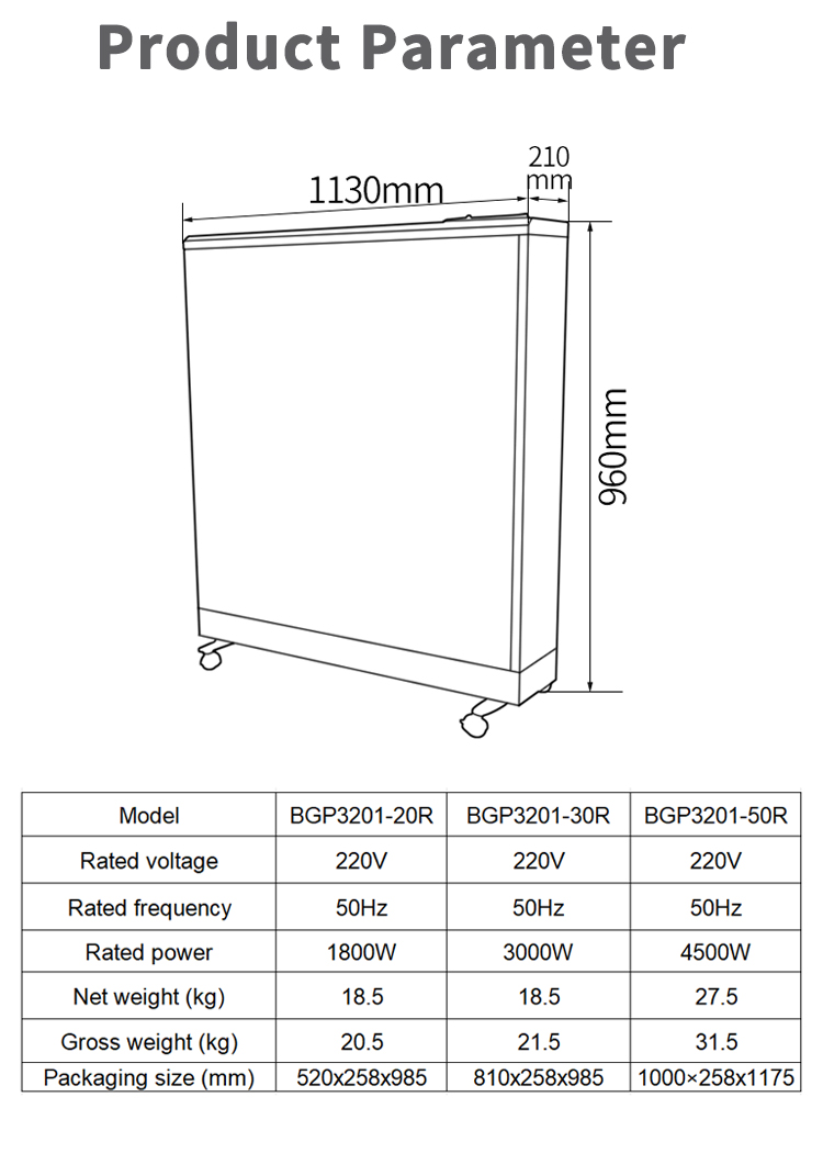 BGP3201 series large warm air blower Size chart