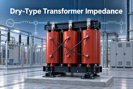 Dry-type transformer in an industrial substation illustrating transformer impedance.png